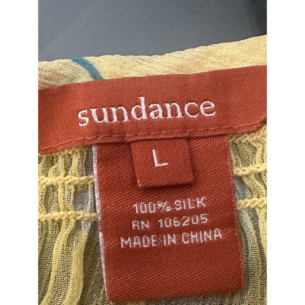 Sundance Yellow Floral Boho Peasant 100% Silk Smocked Neckline Blouse Size Large - Picture 7 of 7